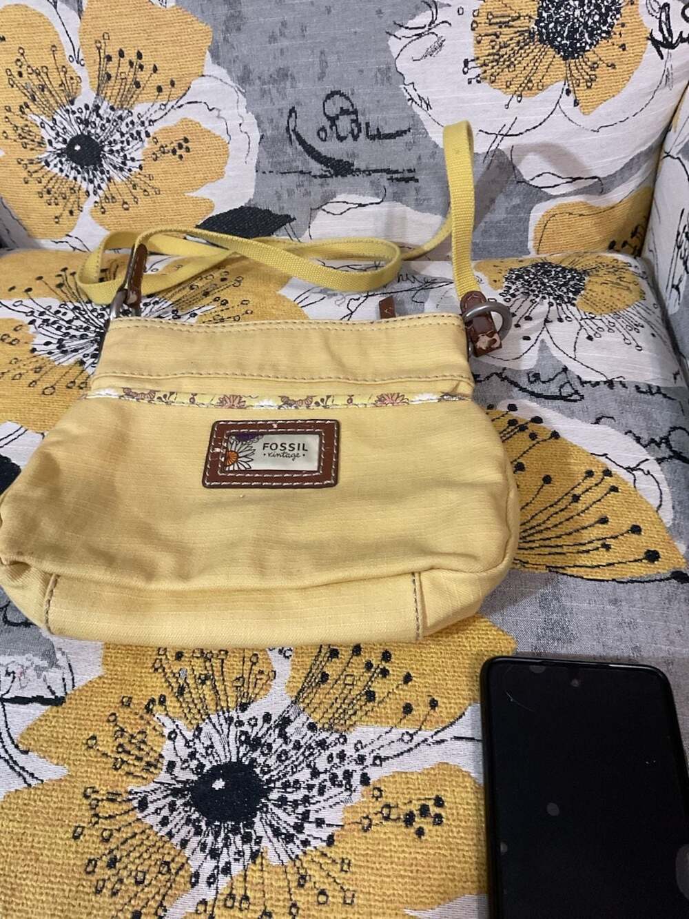 Fossil Vintage Yellow Canvas Floral Print Crossbody Bag
